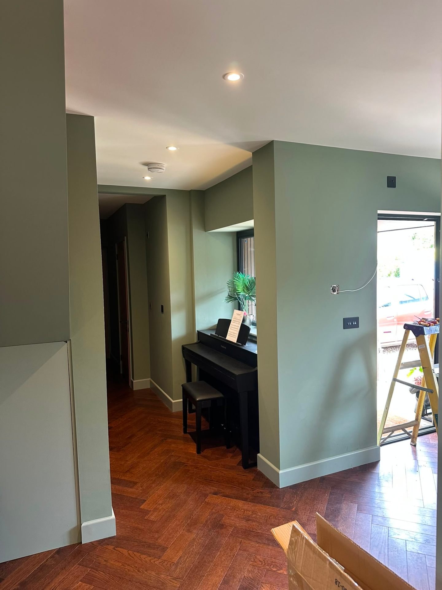 Sage-green hallway with recessed ceiling downlights and interlinked smoke alarm above a herringbone oak floor — hallway lighting and fire safety installation by D.P.L Electrical Services