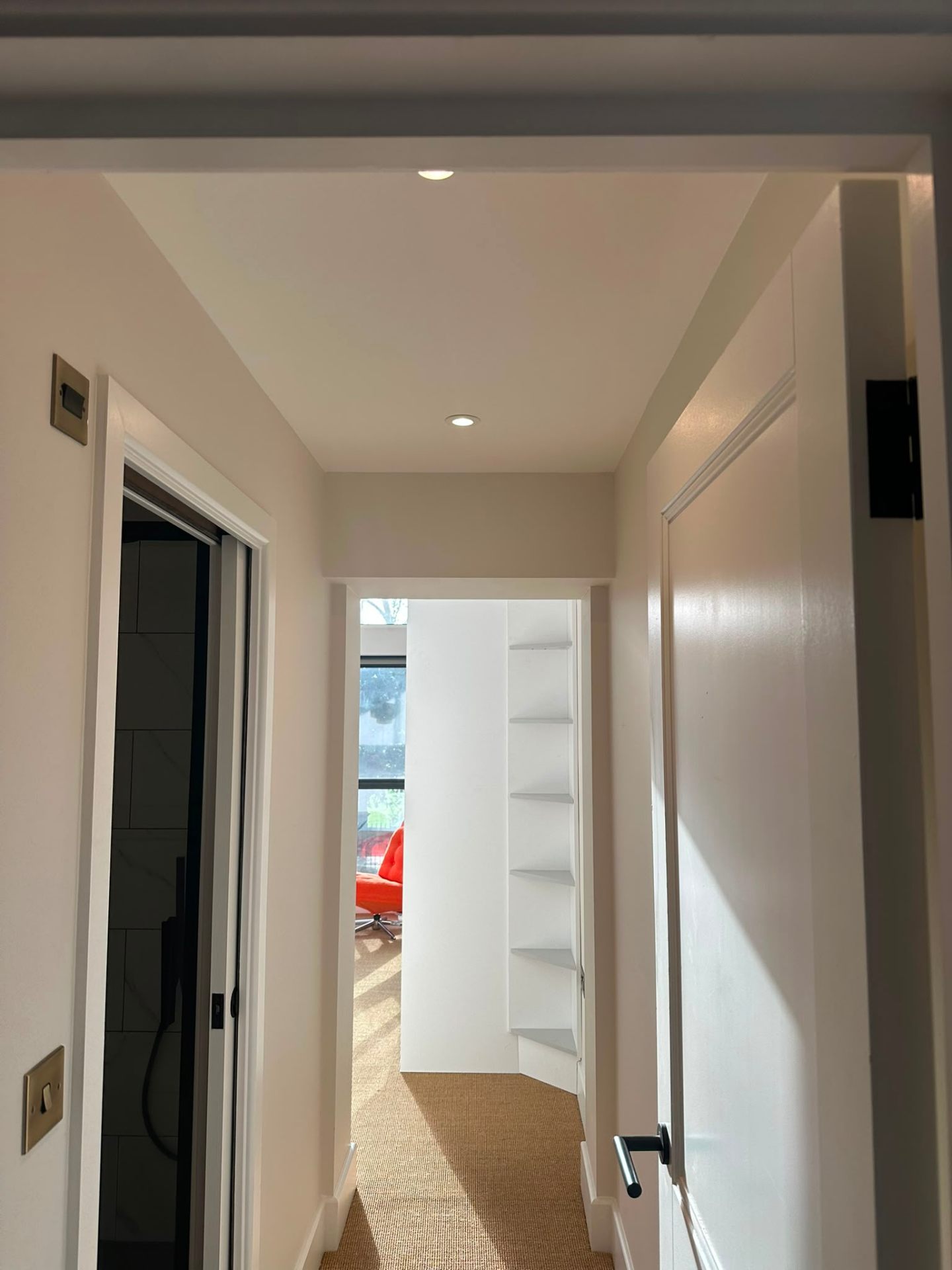 Bright hallway with LED downlights and modern socket outlets — domestic electrical installation by D.P.L Electrical Services