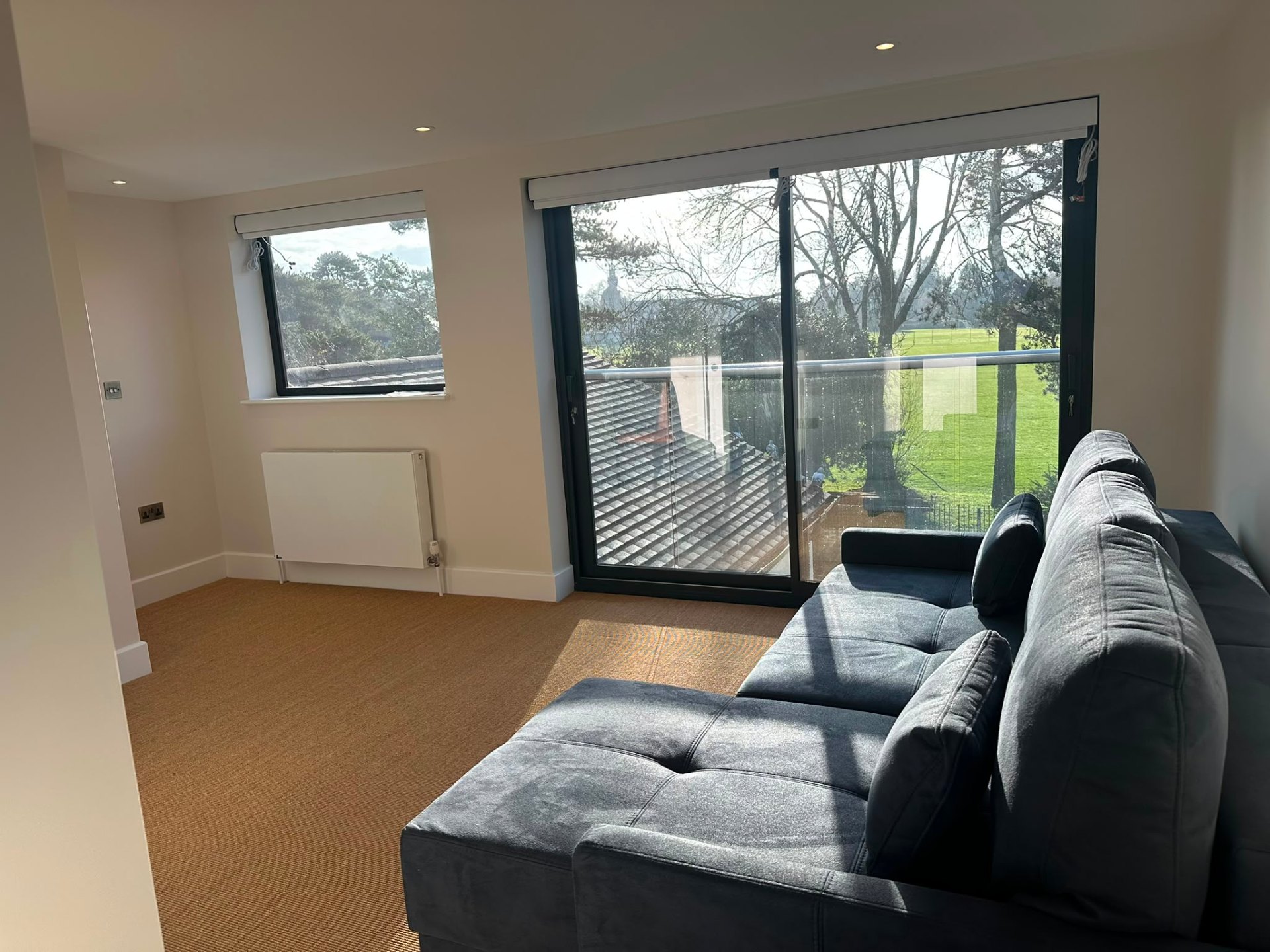 Contemporary living room with recessed LED downlights — domestic electrical installation by D.P.L Electrical Services