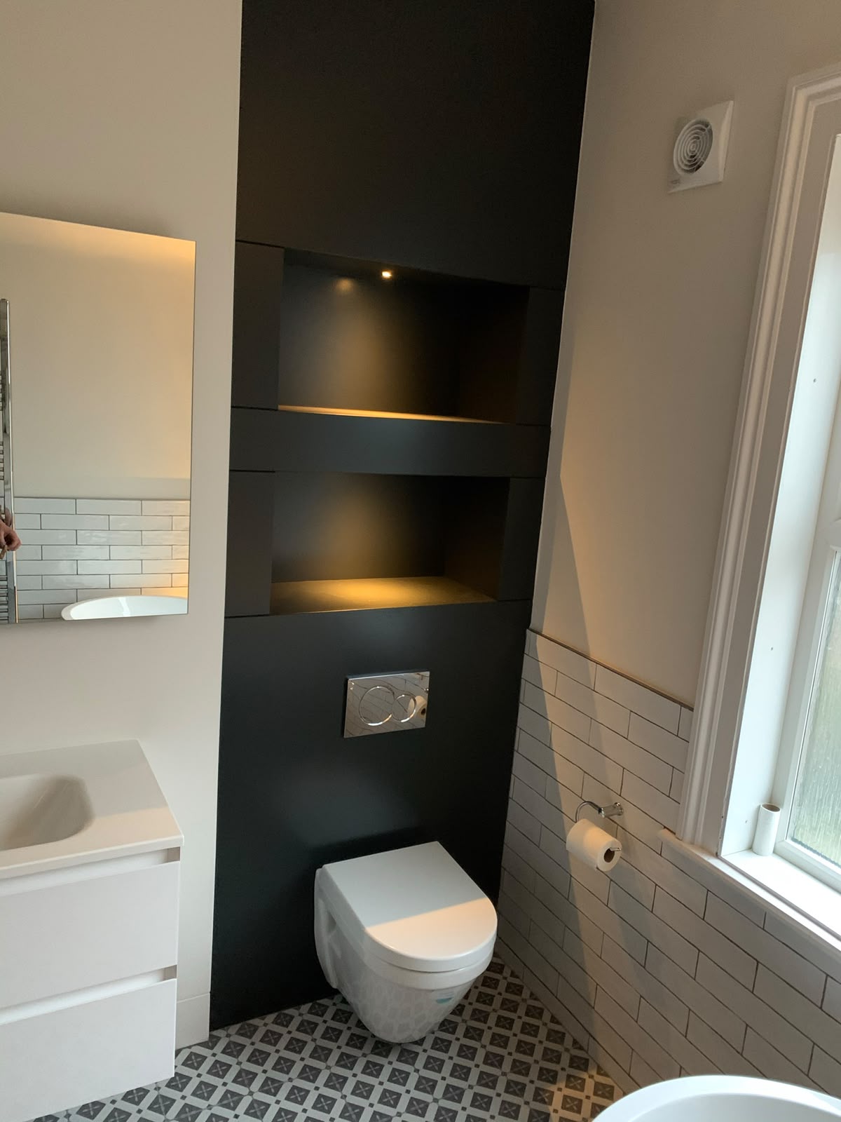 Family bathroom with downlights above a freestanding bath — domestic bathroom lighting installation by D.P.L Electrical Services