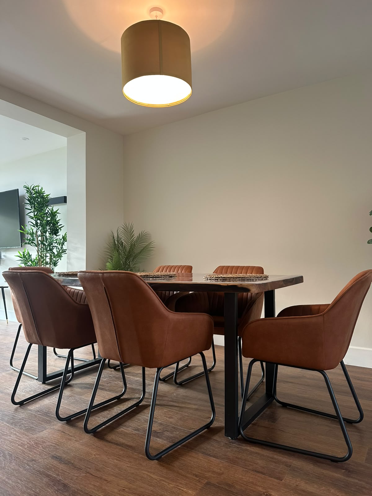 Dining room with drum-shade pendant light over a live-edge table — domestic lighting installation by D.P.L Electrical Services