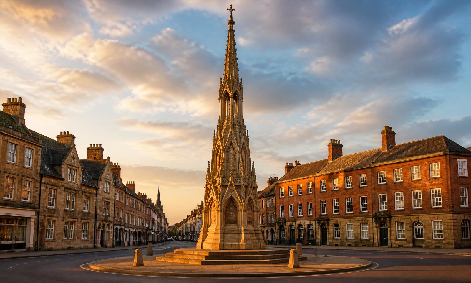 The Gothic Banbury Cross monument at the junction of Horse Fair with Georgian townhouses — Banbury electrical services area covered by D.P.L Electrical Services