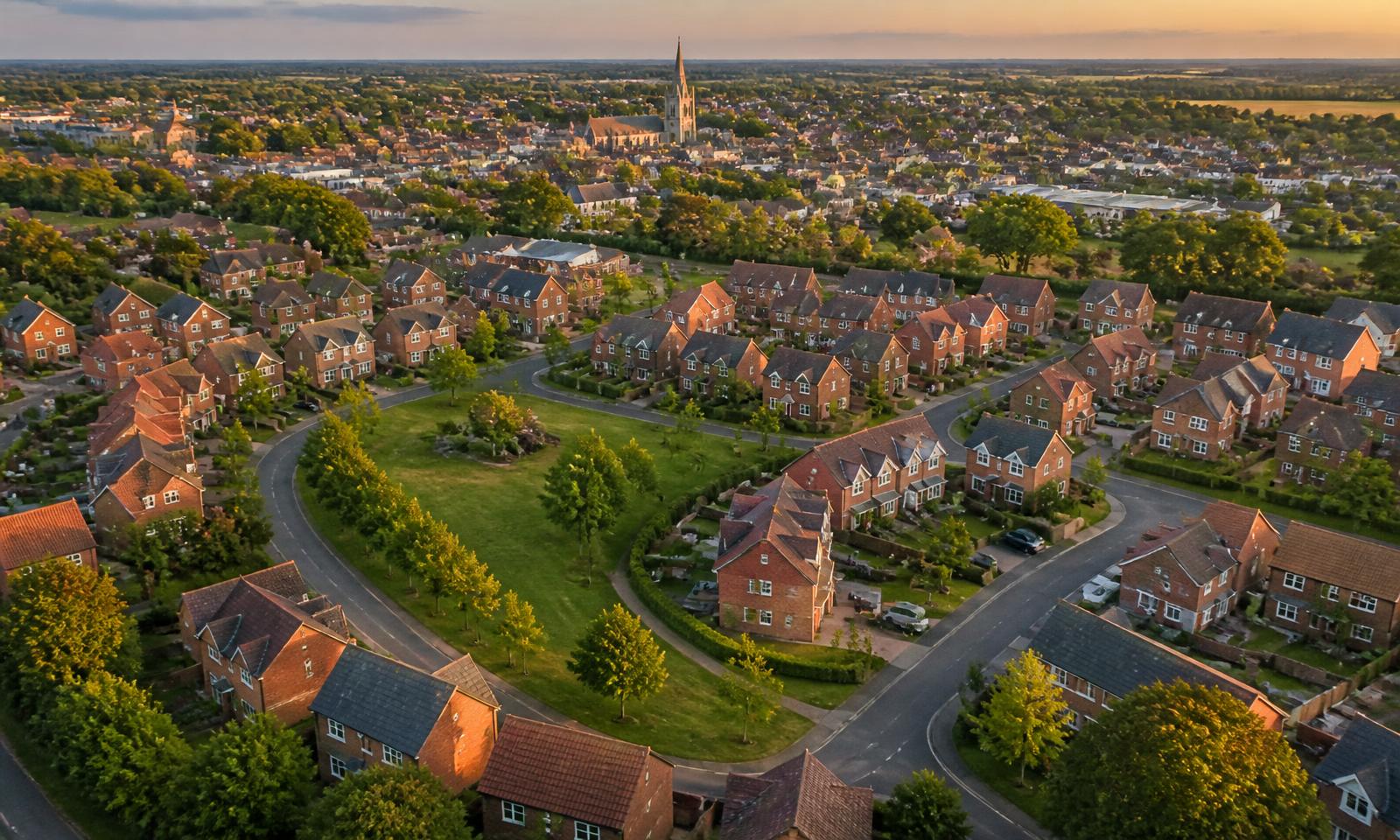 Aerial view of Bicester's modern red-brick garden town estates with St Edburg's church spire in the distance — Bicester electrical services area covered by D.P.L Electrical Services