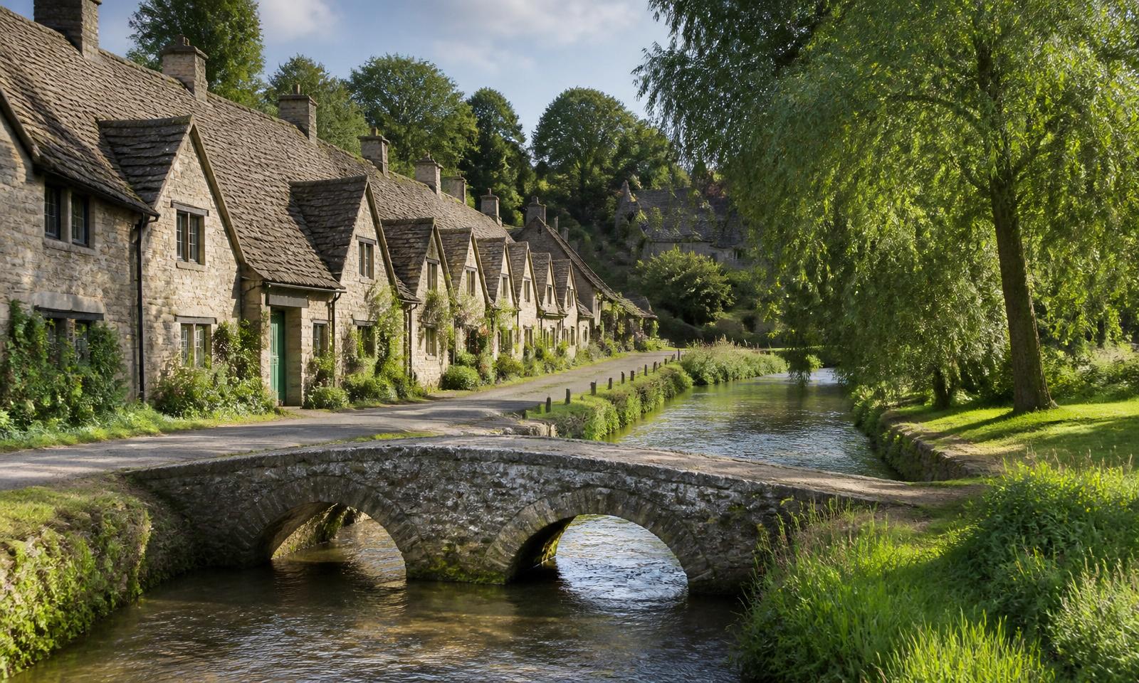 Bibury's Arlington Row weavers cottages beside the River Coln with a Cotswold stone footbridge — Gloucestershire electrical services area covered by D.P.L Electrical Services