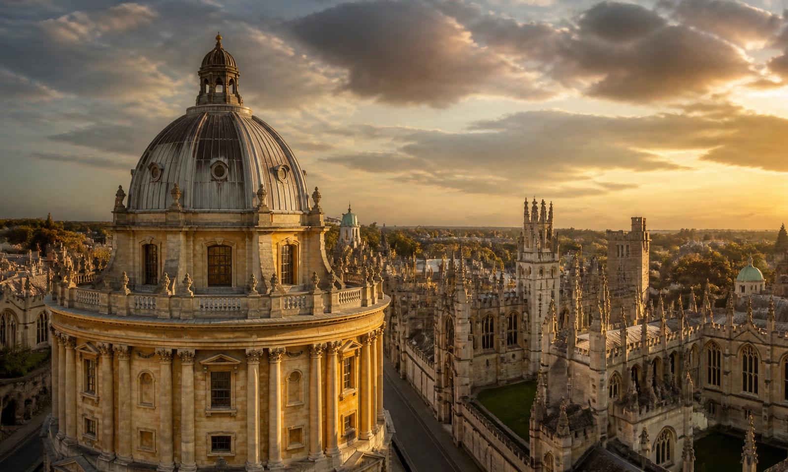 Oxford's Radcliffe Camera dome and university spires glowing at golden hour — Oxford electrical services area covered by D.P.L Electrical Services