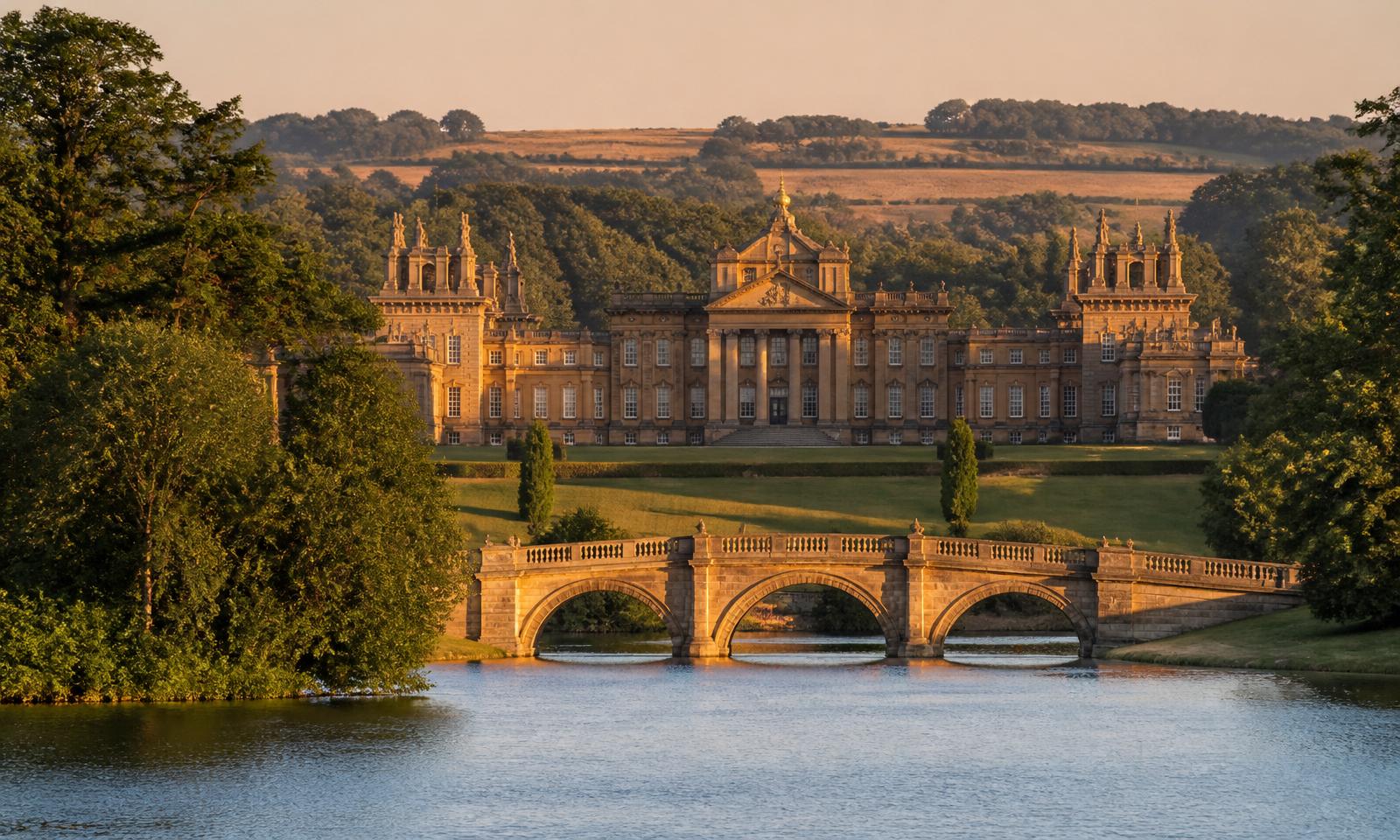 Blenheim Palace and its Grand Bridge across the lake at Woodstock — Oxfordshire county-wide electrical services covered by D.P.L Electrical Services