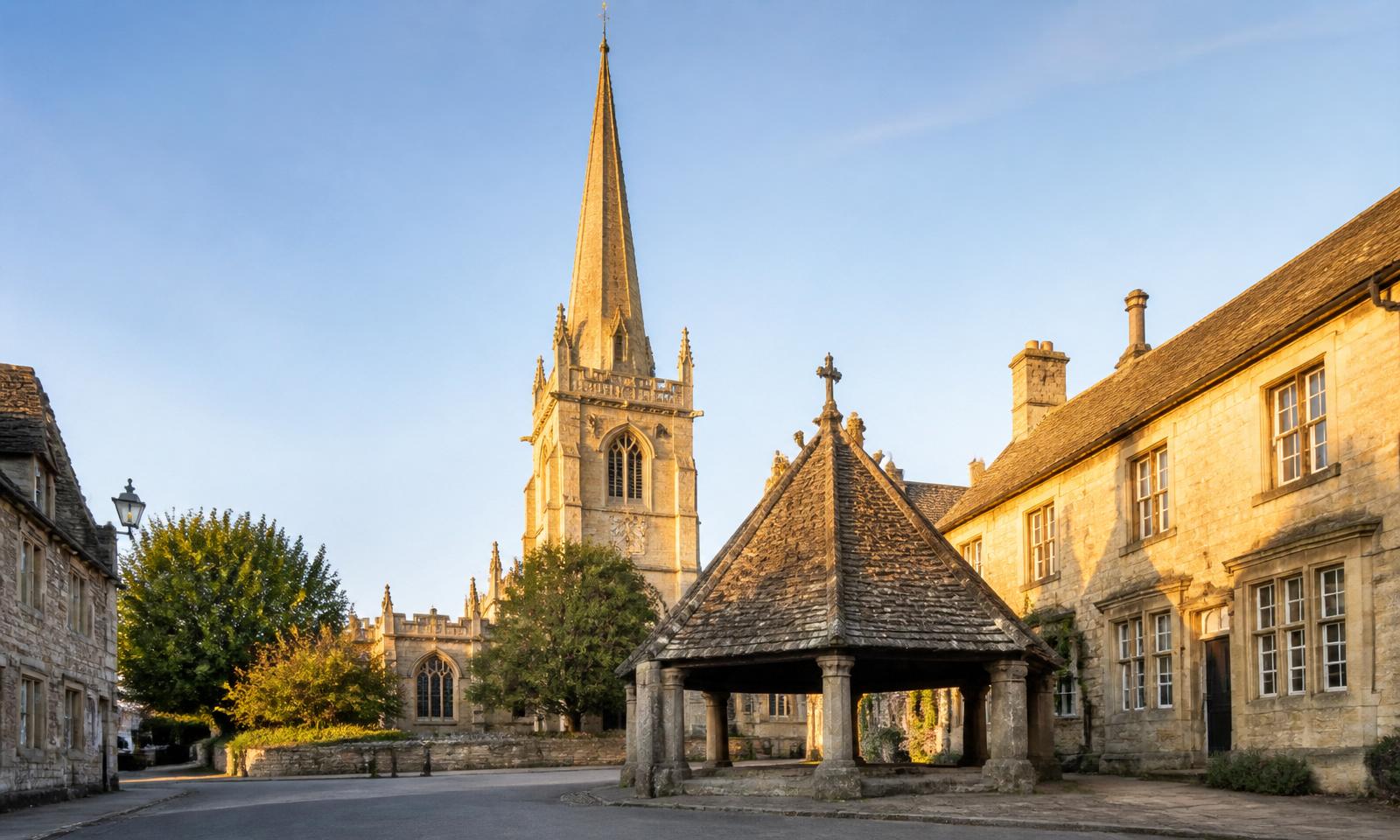 St Mary the Virgin church spire above Witney's medieval Buttercross and honey-stone cottages — Witney electrical services area covered by D.P.L Electrical Services