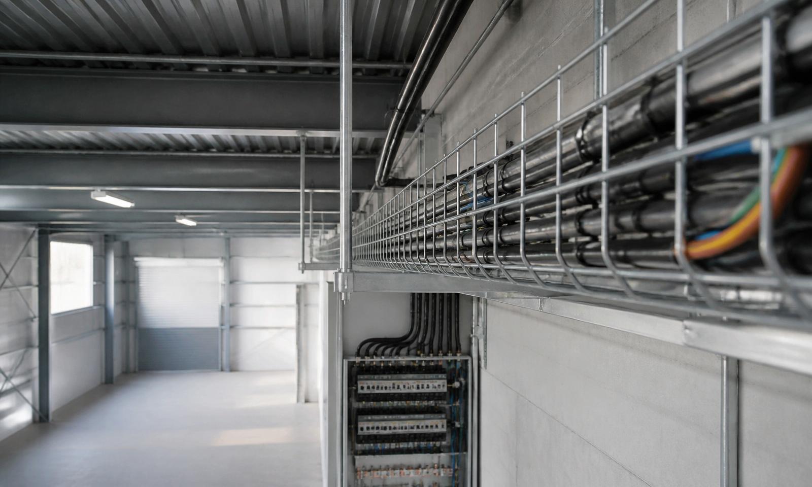 Galvanised basket cable tray carrying new commercial power and data cables along a warehouse ceiling above a three-phase distribution panel — commercial rewire by D.P.L Electrical Services