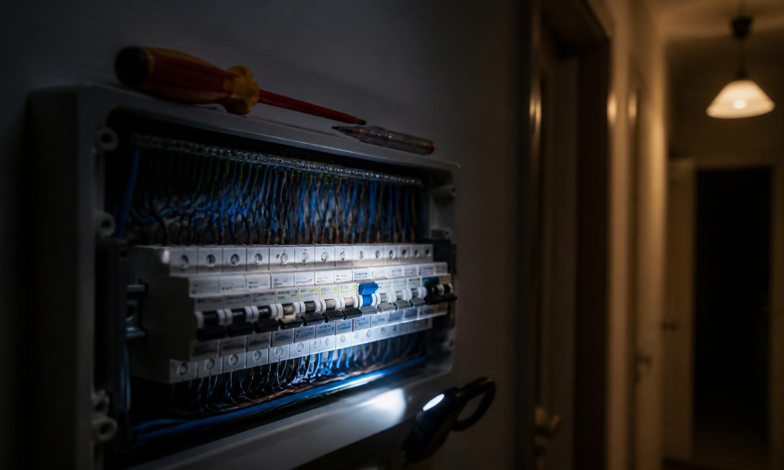 Open UK consumer unit lit by a work torch showing RCDs and MCBs with insulated screwdriver and voltage tester on top — 24/7 emergency electrical call-out by D.P.L Electrical Services