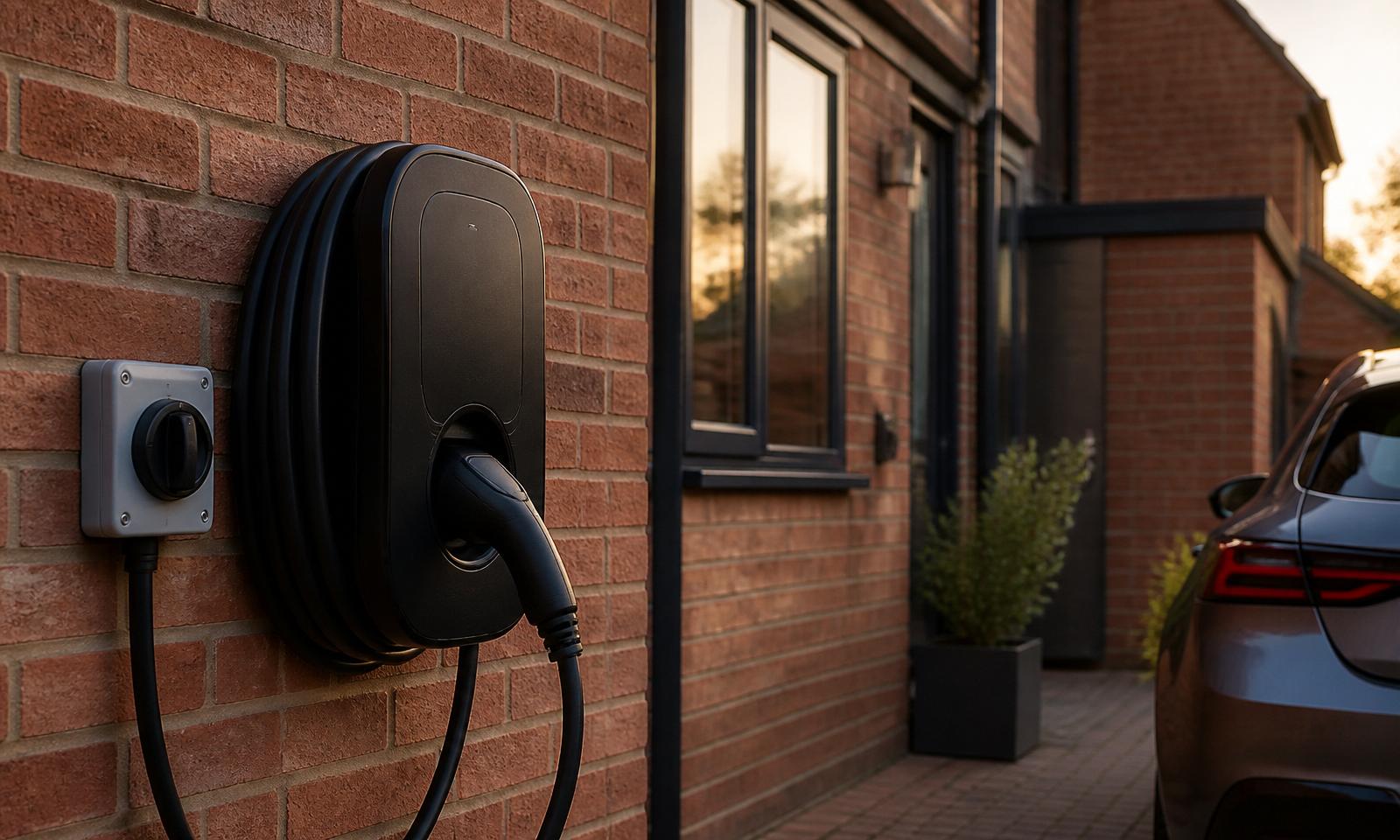 Wall-mounted black 7kW tethered EV charger installed on a red-brick UK home next to a weatherproof isolator switch and driveway — EV charger installation by D.P.L Electrical Services