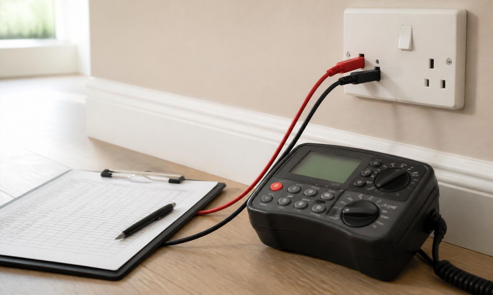 18th-edition multifunction tester with red and black leads plugged into a UK double socket beside a clipboard test schedule — landlord EICR periodic inspection by D.P.L Electrical Services